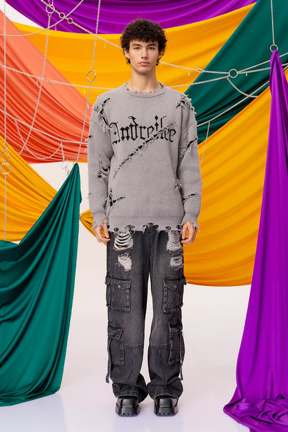 Silent Yarn Long Sleeve Knit Ripped Top