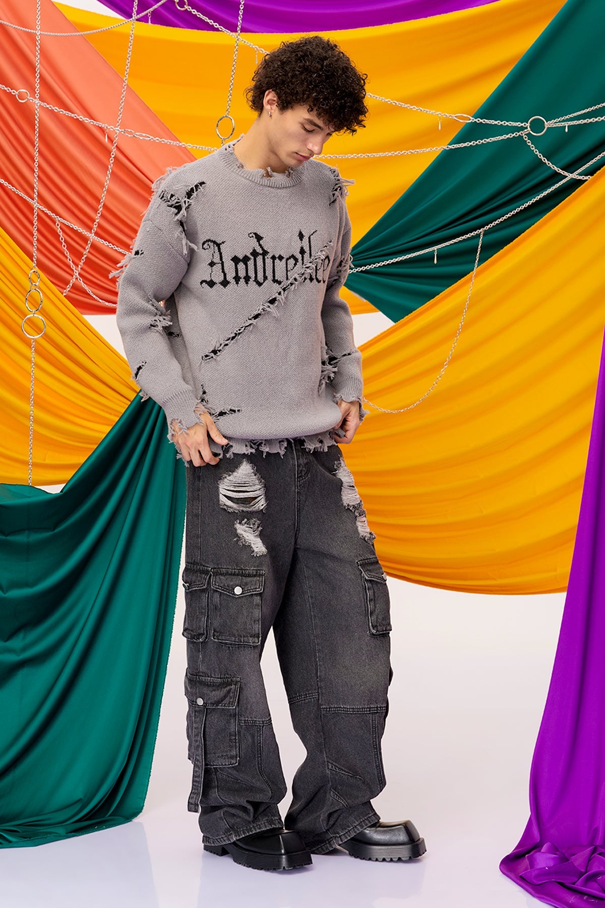 Silent Yarn Long Sleeve Knit Ripped Top
