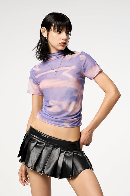 Simple Hue Mesh Y2K Printed Draped Crop Top