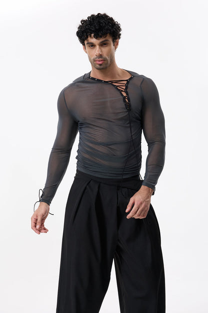 Skin Mist Lace Up Mesh Ruched Top