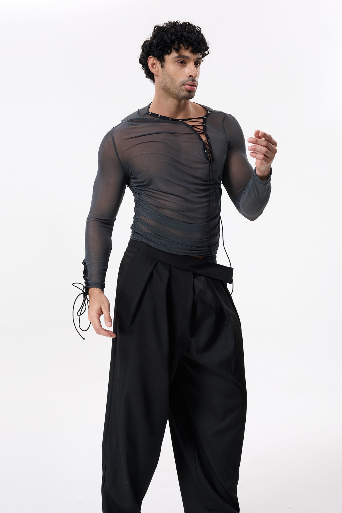 Skin Mist Lace Up Mesh Ruched Top