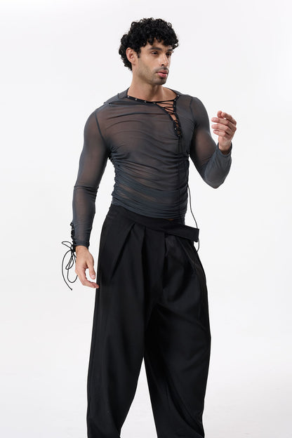 Skin Mist Lace Up Mesh Ruched Top