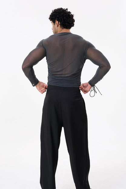 Skin Mist Lace Up Mesh Ruched Top