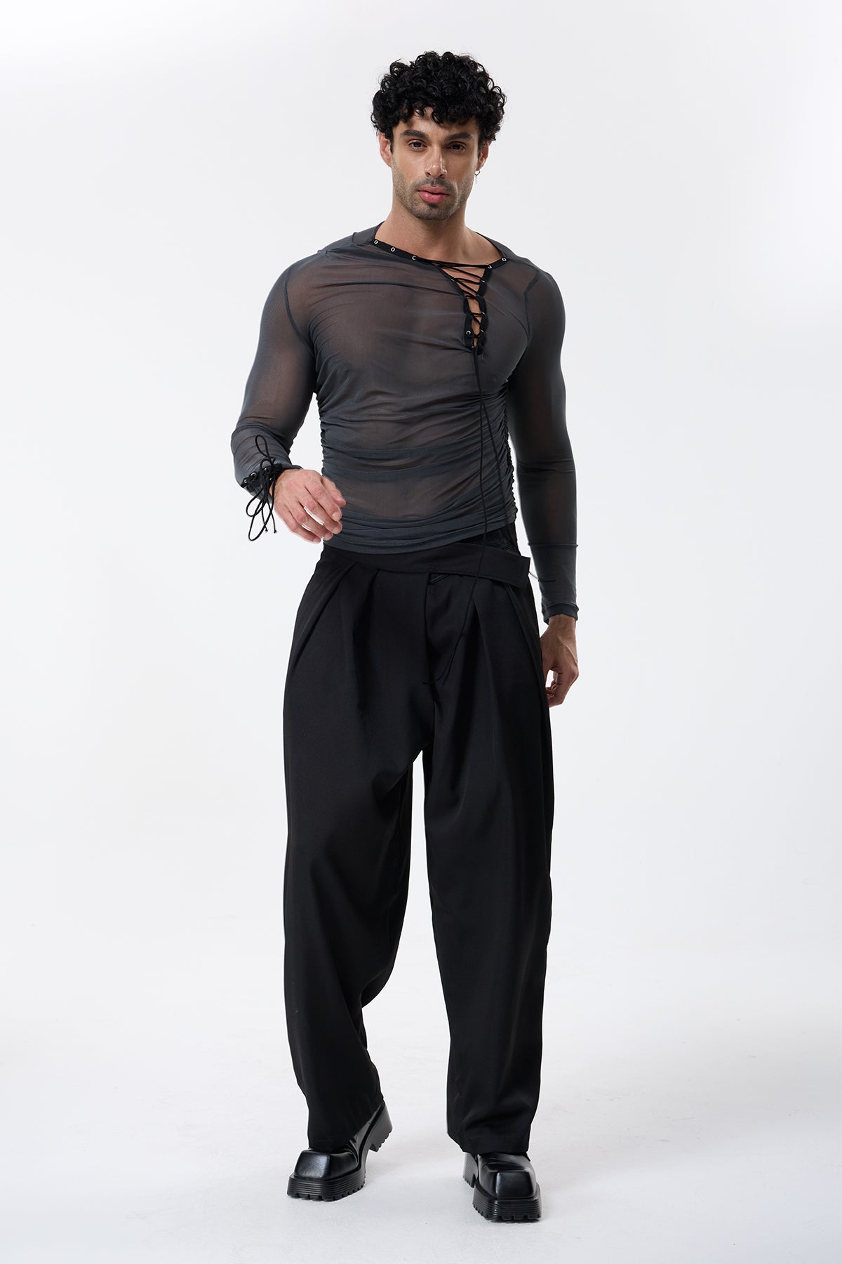 Skin Mist Lace Up Mesh Ruched Top