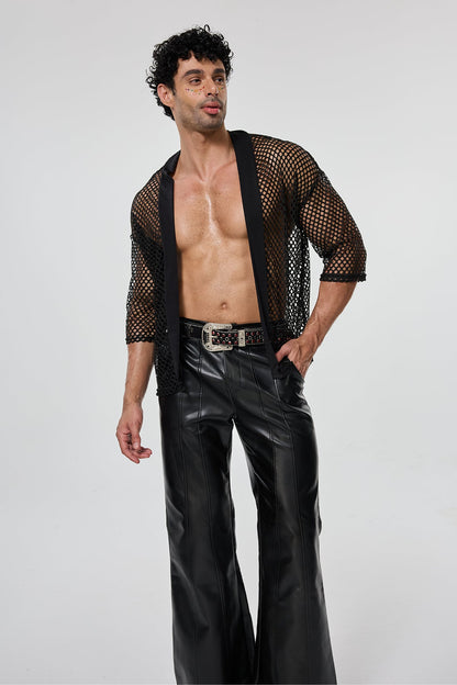 Smooth Fiber Fishnet Cutout Long Sleeve Shirt