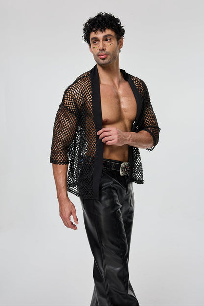 Smooth Fiber Fishnet Cutout Long Sleeve Shirt