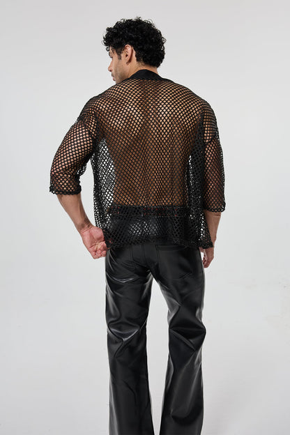 Smooth Fiber Fishnet Cutout Long Sleeve Shirt