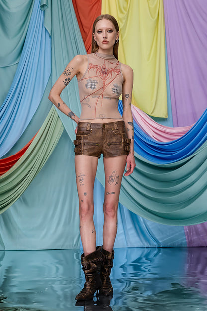 Soft Arc Sleeveless Mesh Print Top