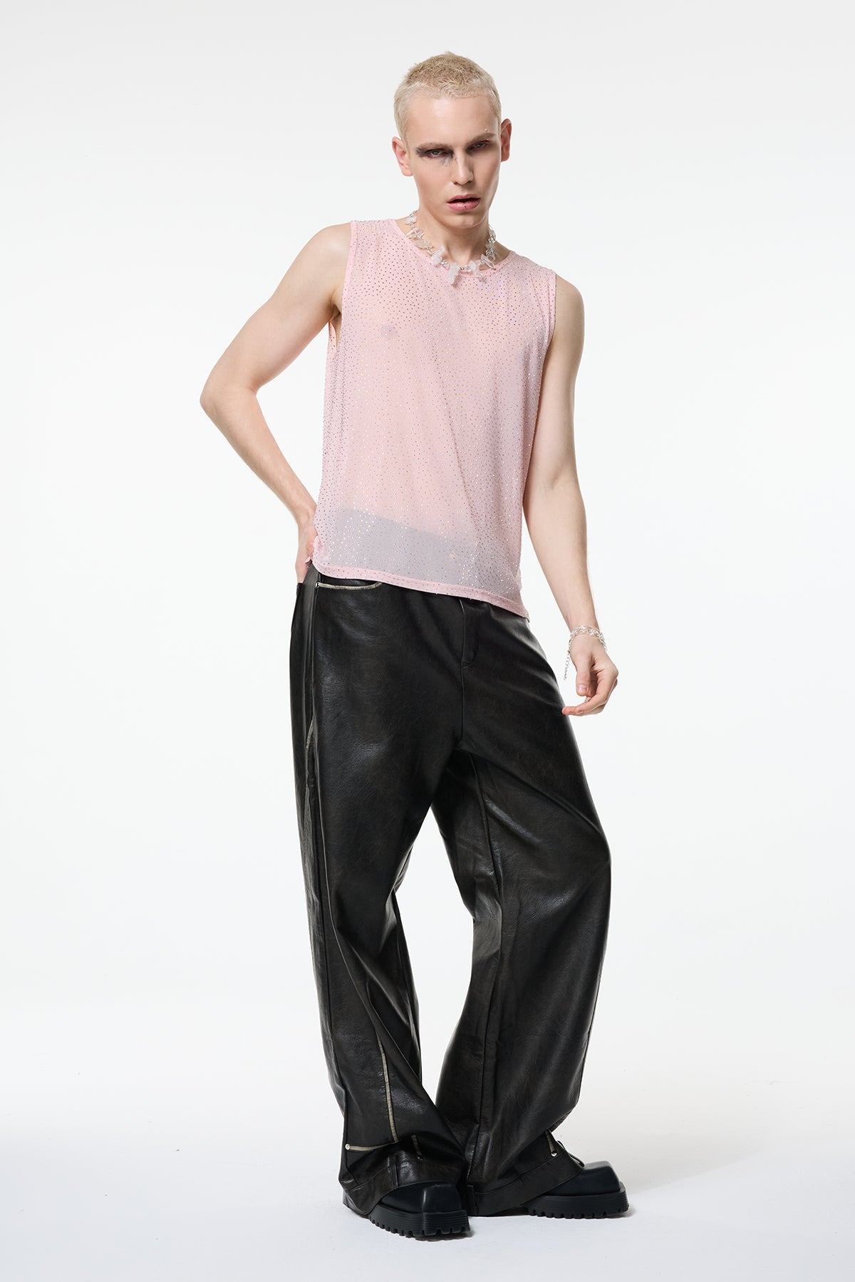 Soft Edge Rhinestone Mesh Tank Top