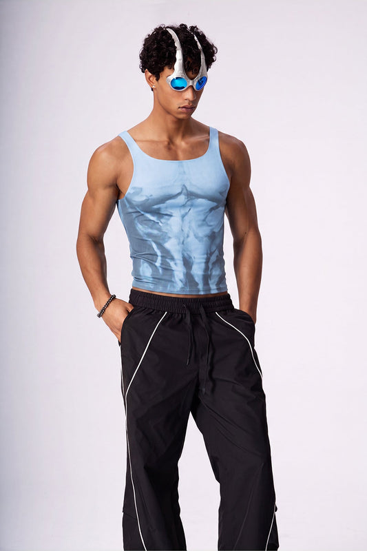 Soft Light Mesh Print Top Blue