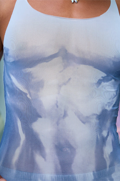 Soft Light Mesh Print Top Blue