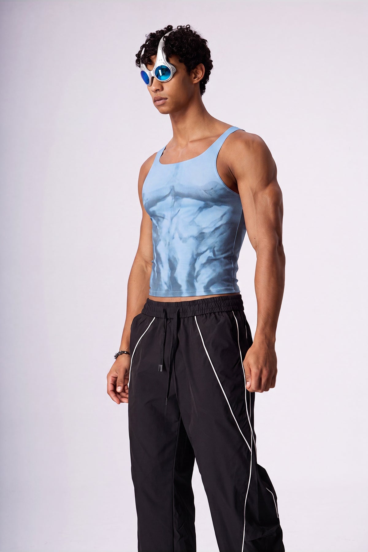 Soft Light Mesh Print Top Blue