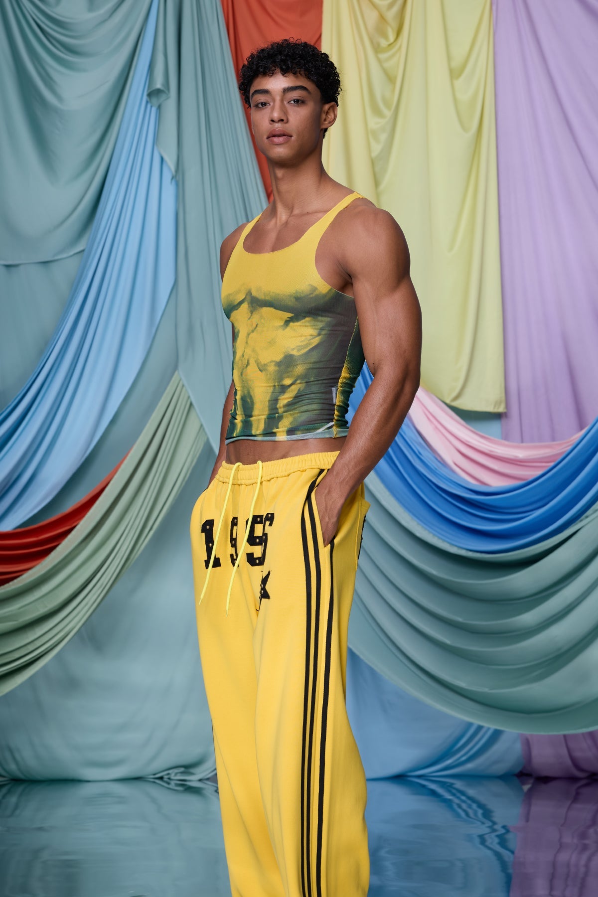 Soft Light Mesh Print Top Yellow