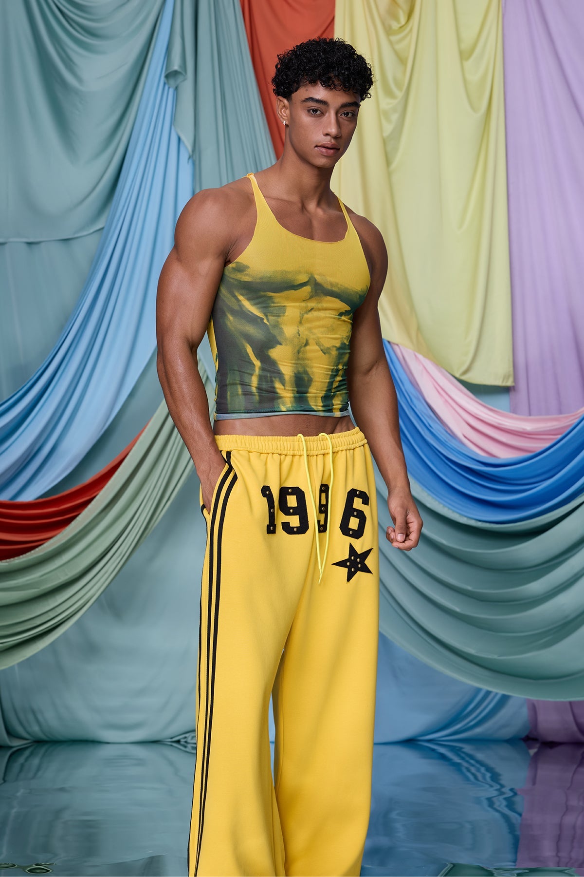 Soft Light Mesh Print Top Yellow