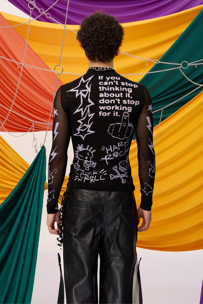 Soft Tone Long Sleeve Graffiti Top Black