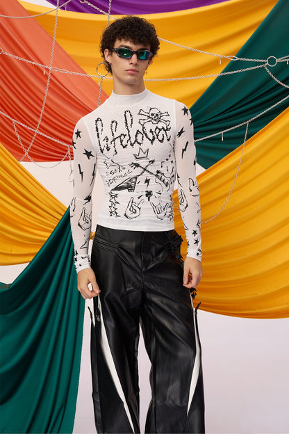Soft Tone Long Sleeve Graffiti Top White