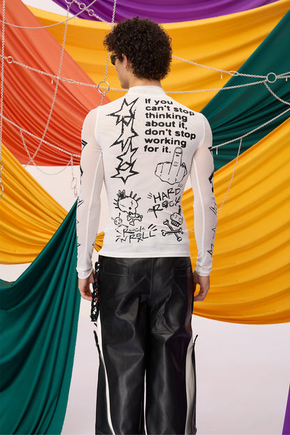 Soft Tone Long Sleeve Graffiti Top White