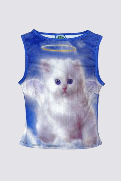 Solid Image Sleeveless Cat Print Crop Top