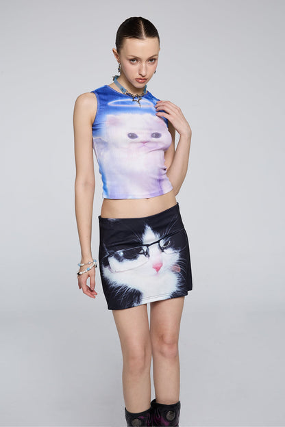 Solid Image Sleeveless Cat Print Crop Top