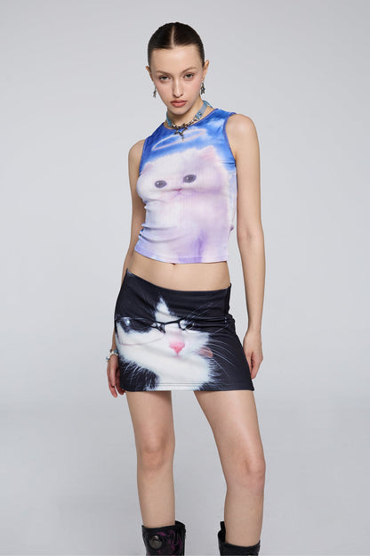 Solid Image Sleeveless Cat Print Crop Top