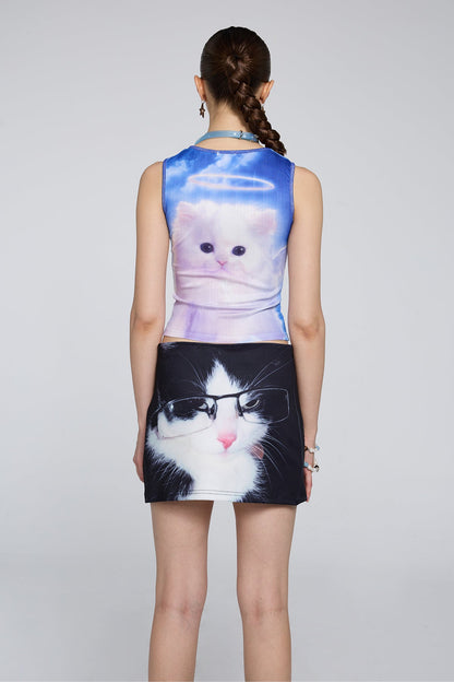Solid Image Sleeveless Cat Print Crop Top