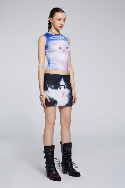 Solid Image Sleeveless Cat Print Crop Top