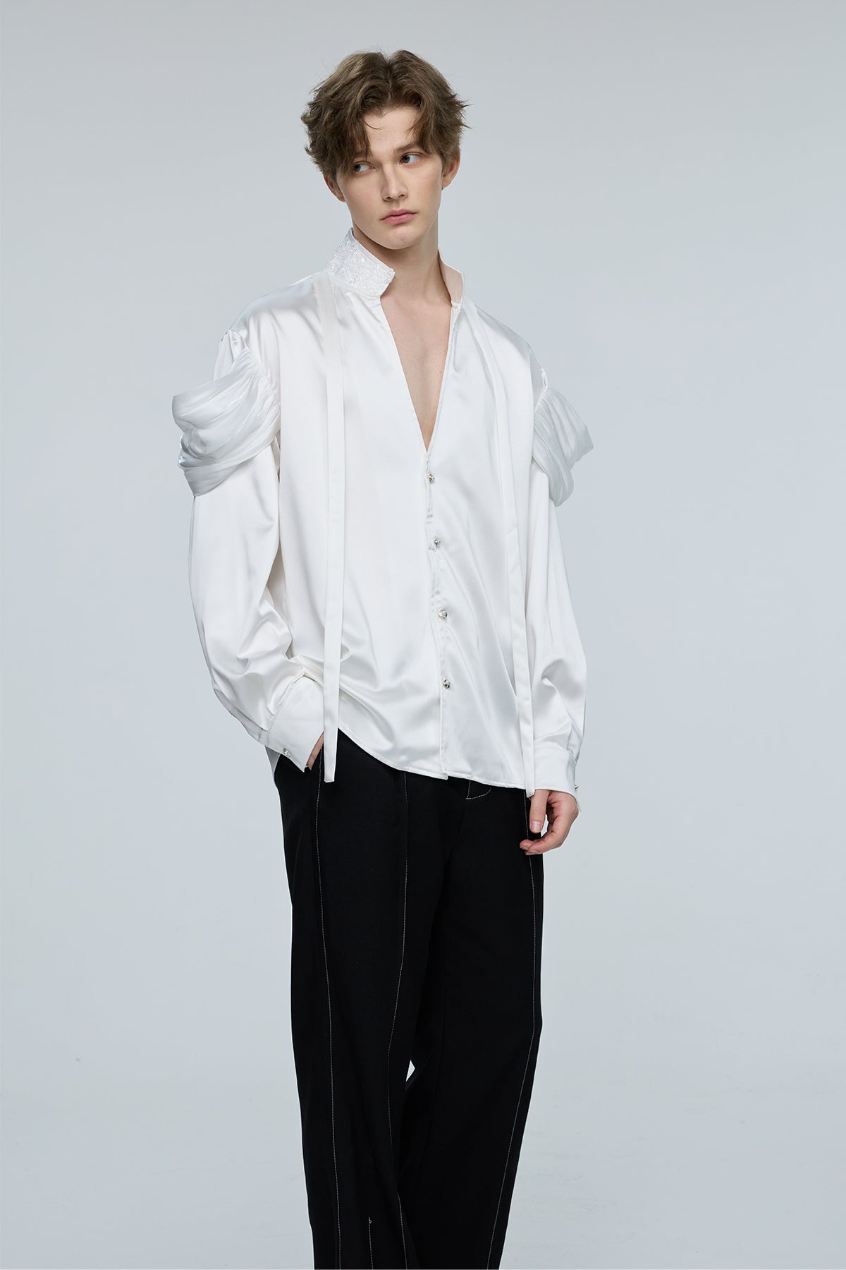 Solid Raven Long Sleeve Embroidery Shirt