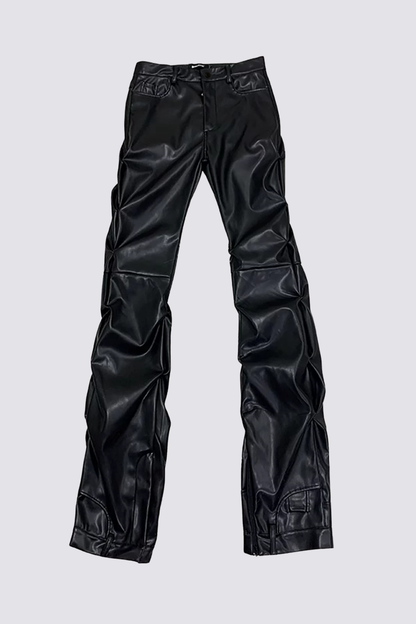 Solid Strut Ruched Straight Leather Pants