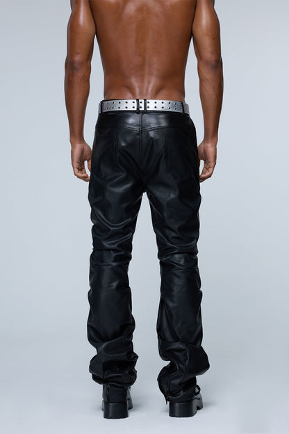 Solid Strut Ruched Straight Leather Pants