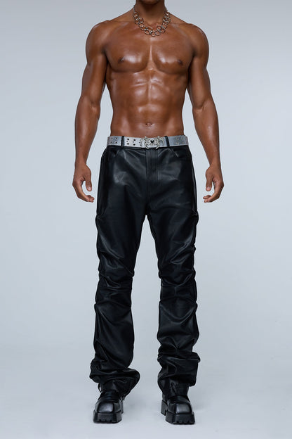 Solid Strut Ruched Straight Leather Pants