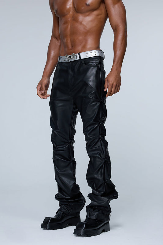 Solid Strut Ruched Straight Leather Pants