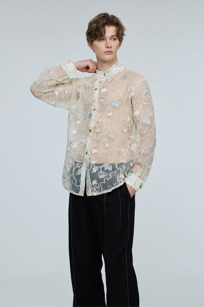 Sonic Hue Embroidery Floral Mesh Shirt