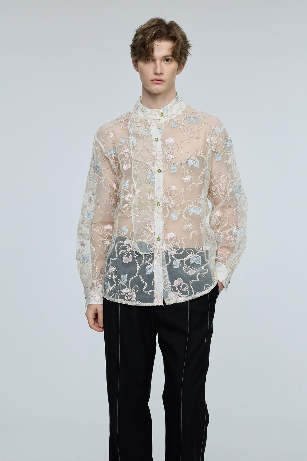 Sonic Hue Embroidery Floral Mesh Shirt