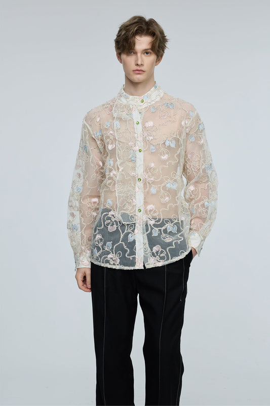 Sonic Hue Embroidery Floral Mesh Shirt