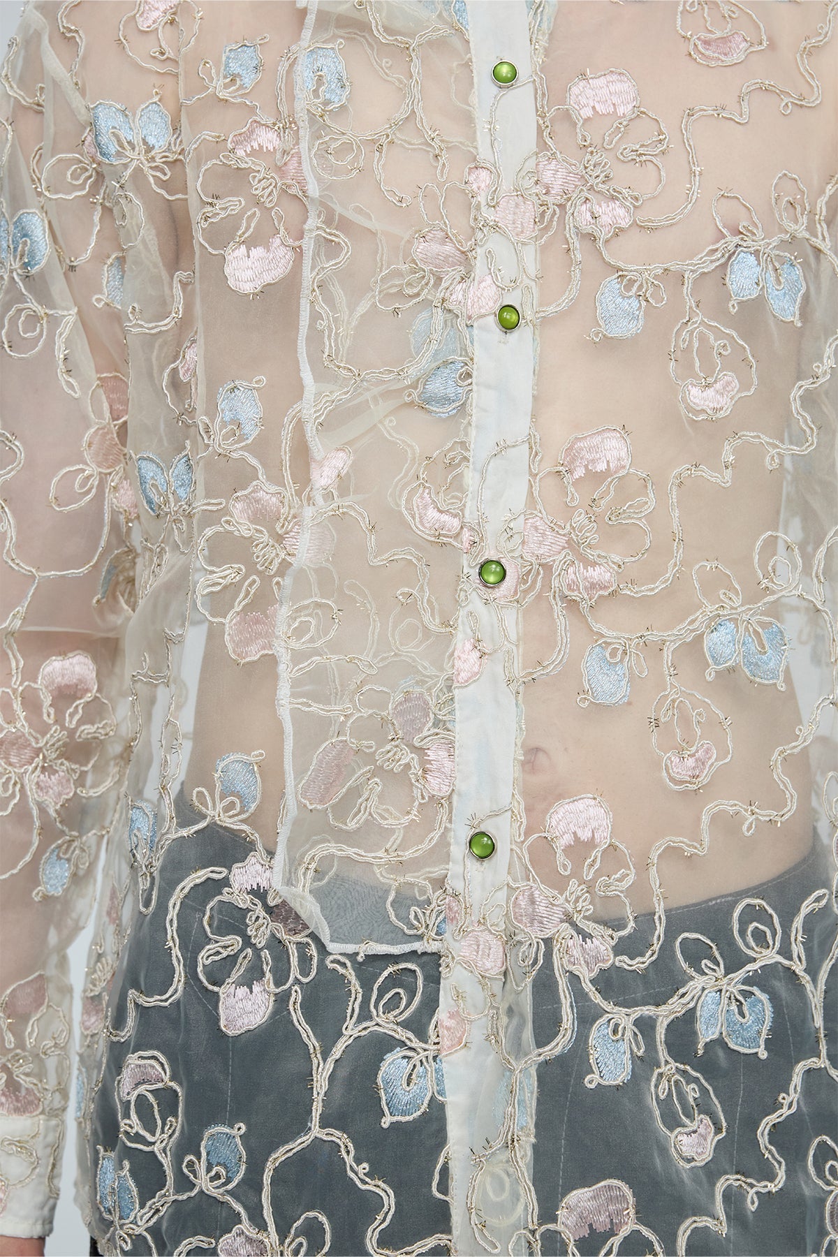 Sonic Hue Embroidery Floral Mesh Shirt