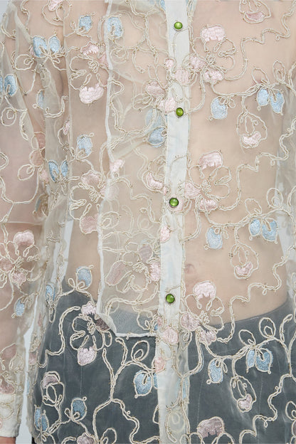 Sonic Hue Embroidery Floral Mesh Shirt