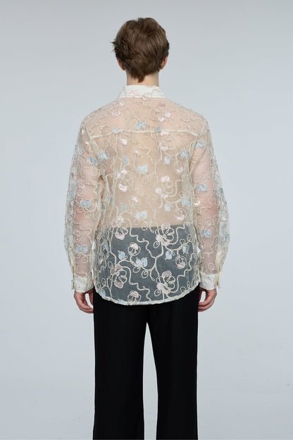 Sonic Hue Embroidery Floral Mesh Shirt