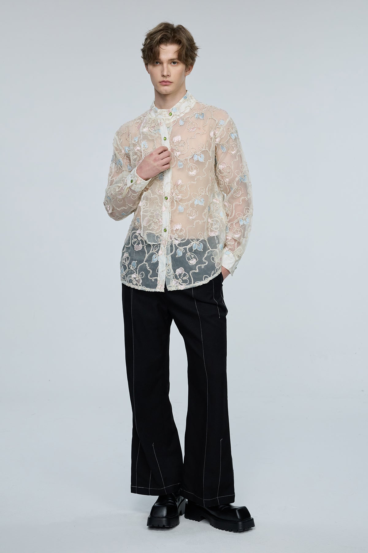 Sonic Hue Embroidery Floral Mesh Shirt
