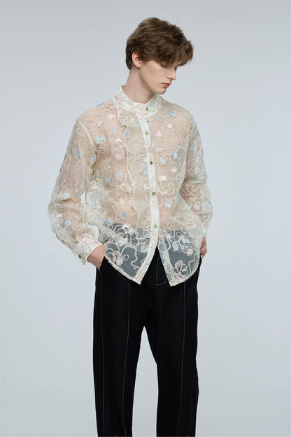 Sonic Hue Embroidery Floral Mesh Shirt