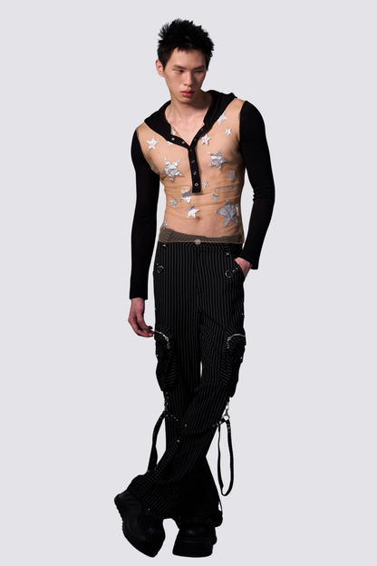 Spliced Sense Mesh Hooded Star Print Top Black
