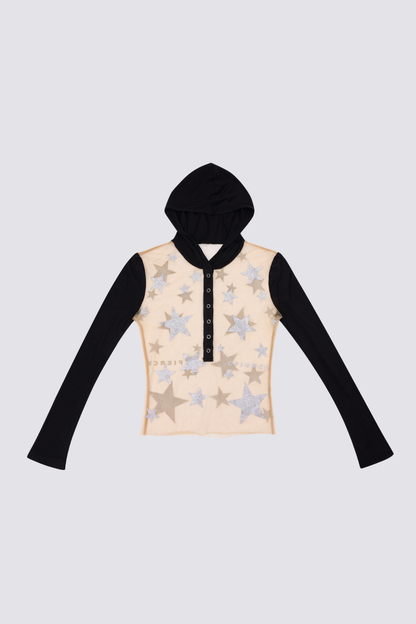 Spliced Sense Mesh Hooded Star Print Top Black