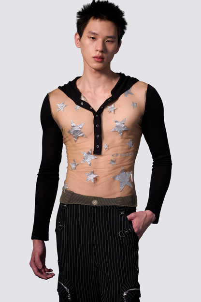 Spliced Sense Mesh Hooded Star Print Top Black