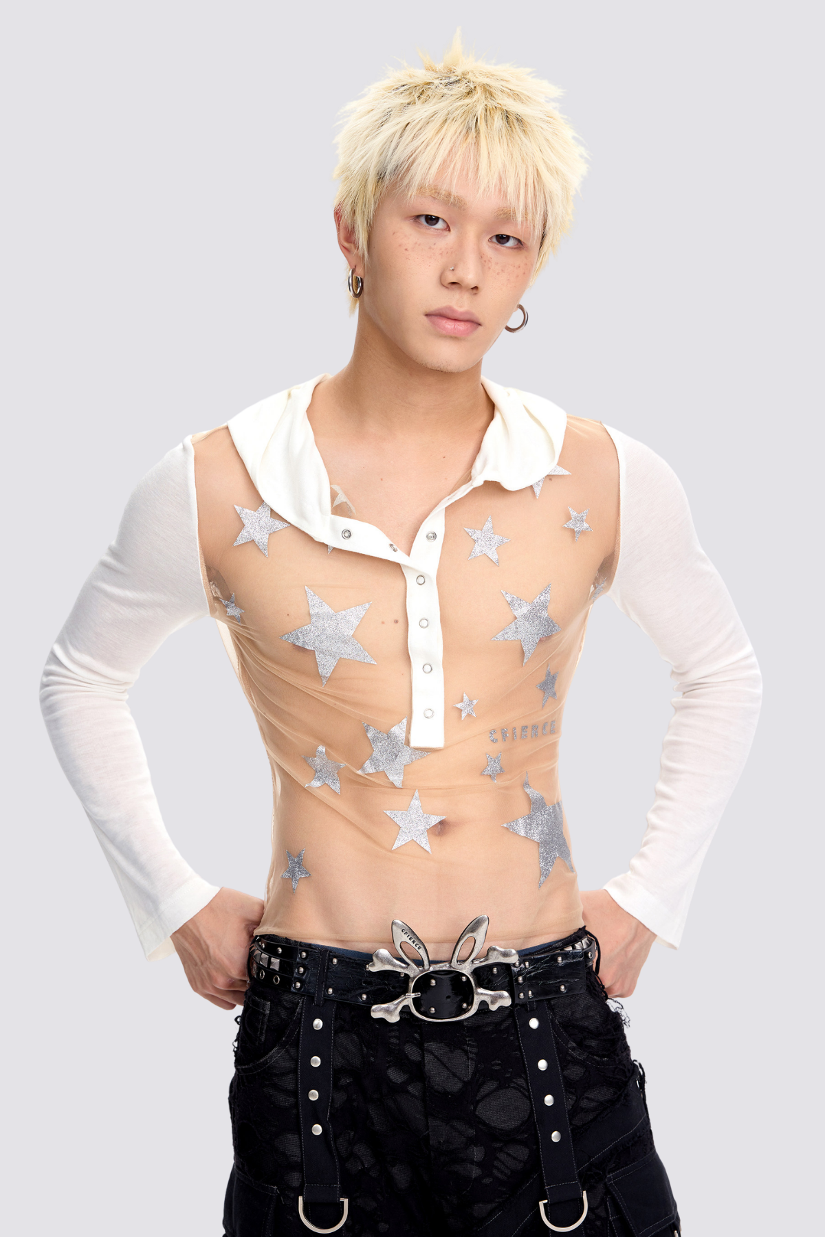 Spliced Sense Mesh Hooded Star Print Top White