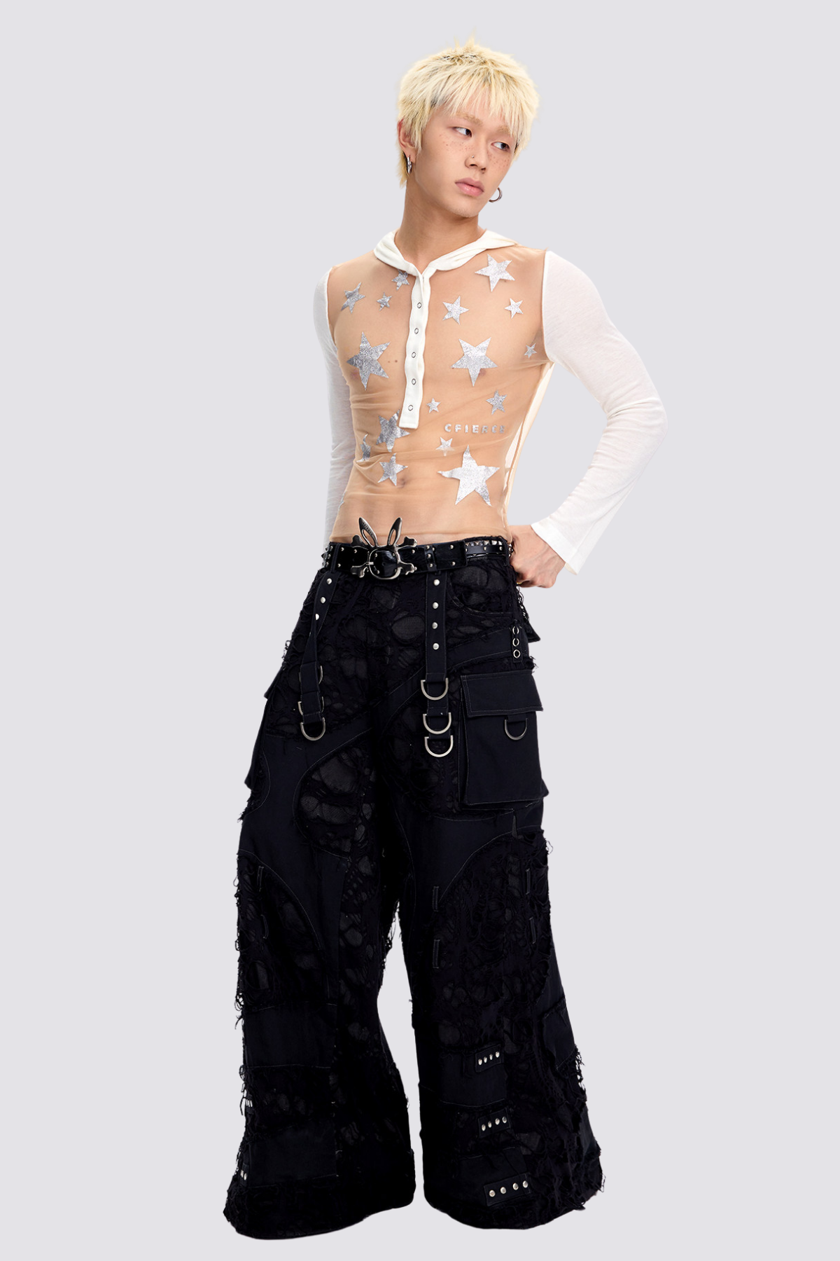 Spliced Sense Mesh Hooded Star Print Top White