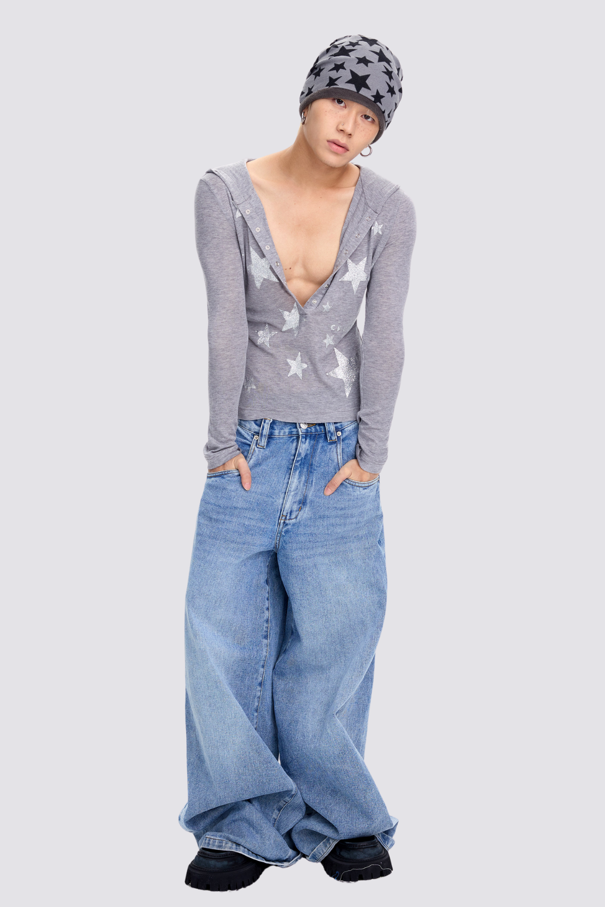 Spliced Sense Star Print Hooded Long Sleeve Top