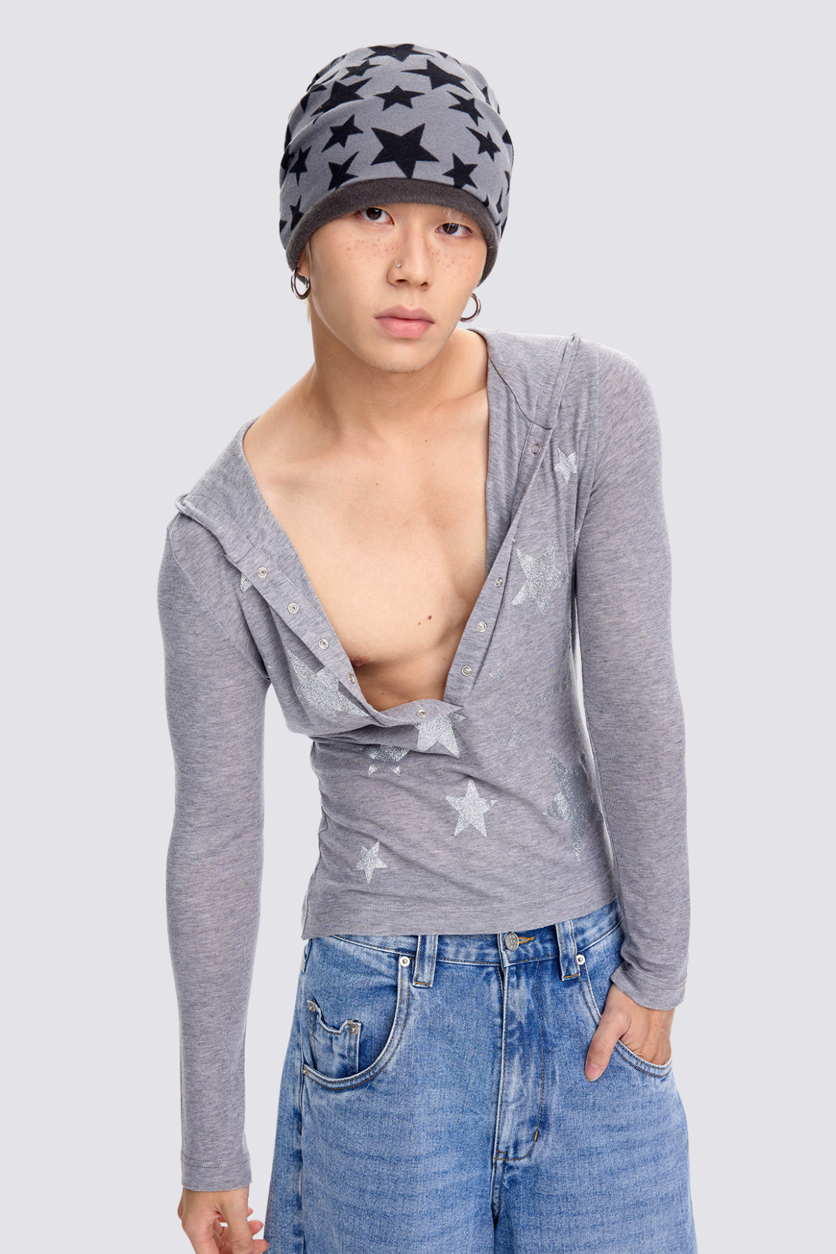 Spliced Sense Star Print Hooded Long Sleeve Top