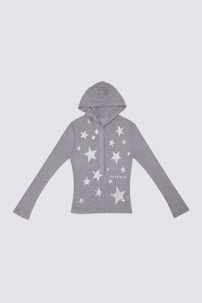 Spliced Sense Star Print Hooded Long Sleeve Top