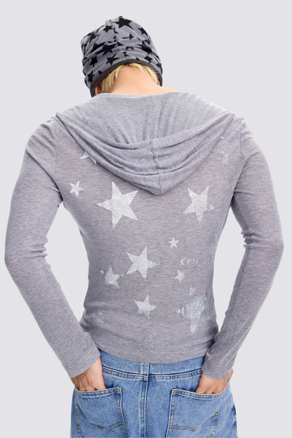 Spliced Sense Star Print Hooded Long Sleeve Top