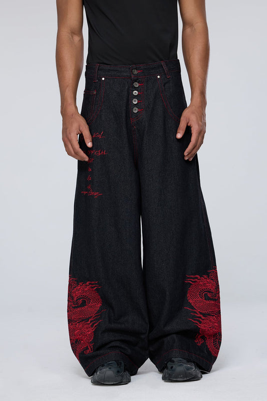 Stark Grain Embroidered Wide Leg Jeans