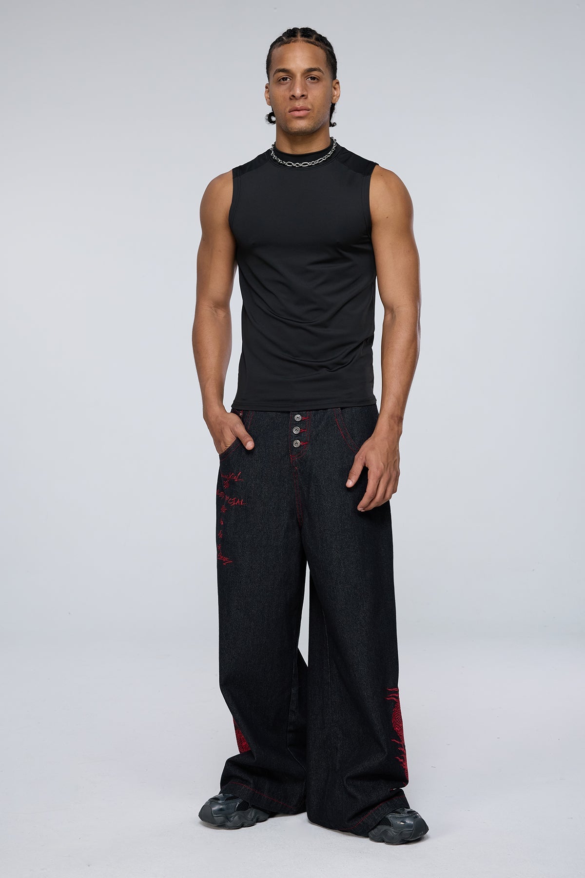 Stark Grain Embroidered Wide Leg Jeans